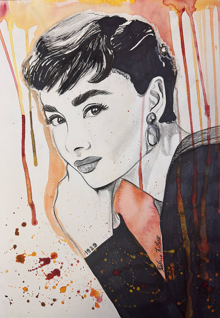 Mixed media portrait of Audrey Hepburn with markers, pencils, and watercolor