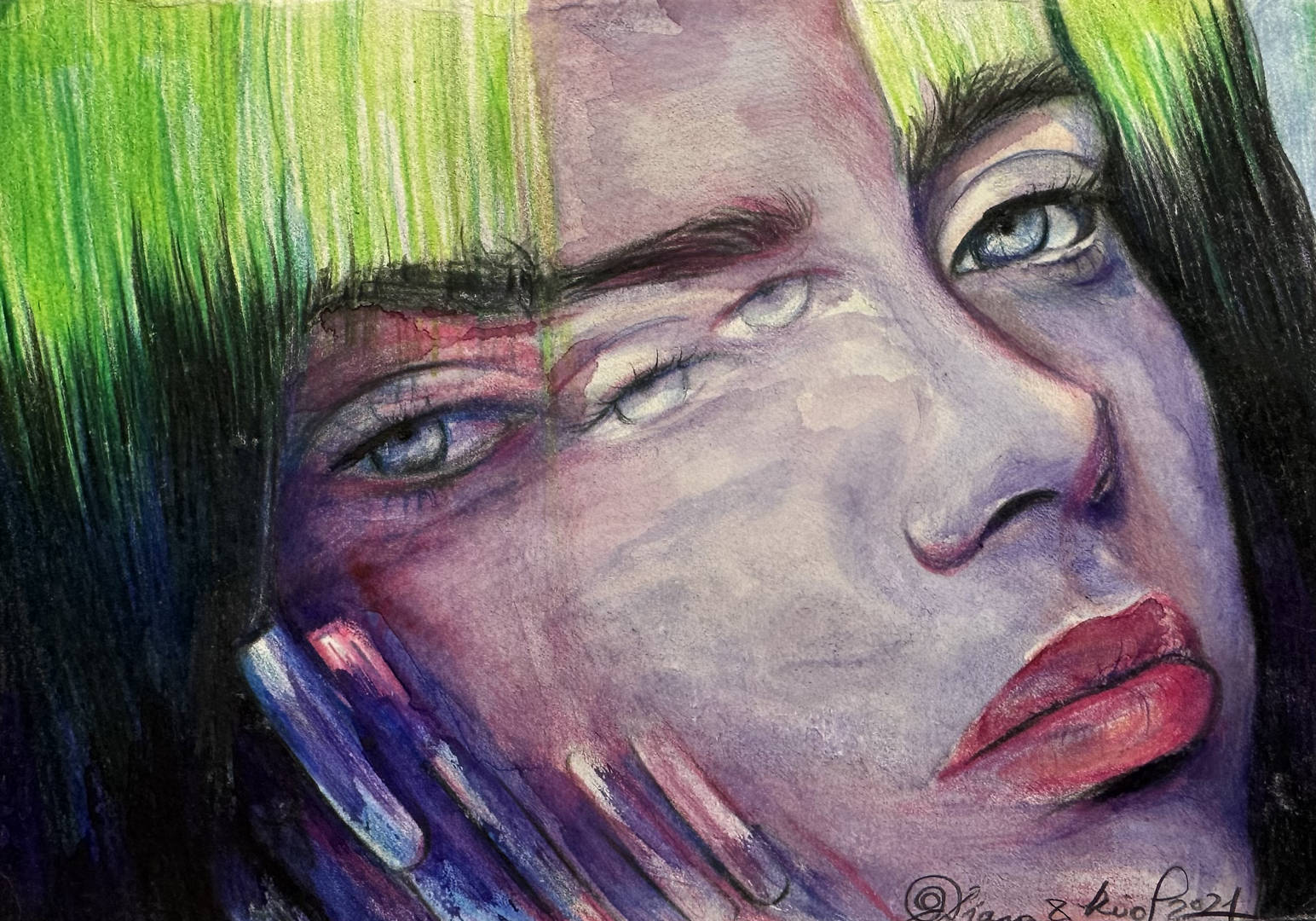 Watercolor and pencil portrait of Billie Eilish on A5 paper