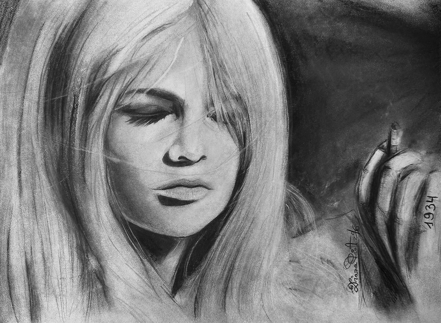 Charcoal portrait of Brigitte Bardot on paper