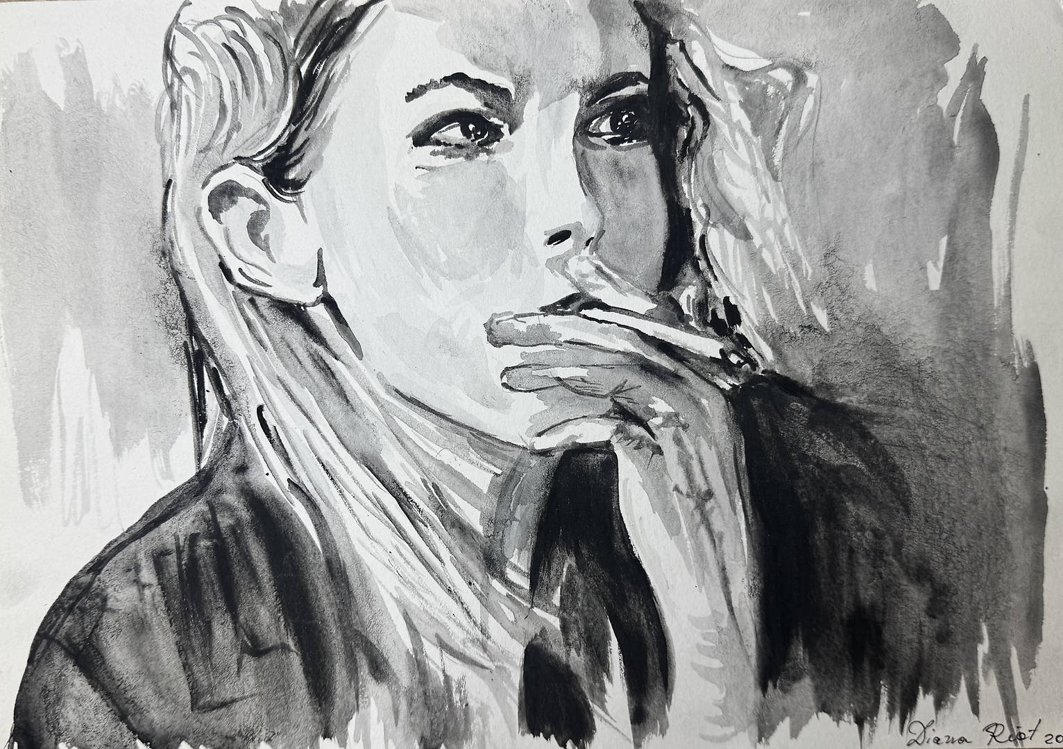 watercolor portrait of Cassie from Skins smoking with wind blowing her hair and thoughtful expression