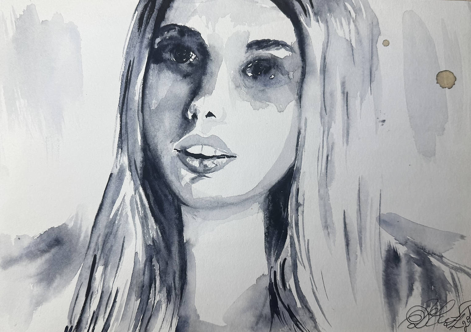 watercolor portrait of Cassie from Skins with wide eyes looking upward expressing hope and vulnerability