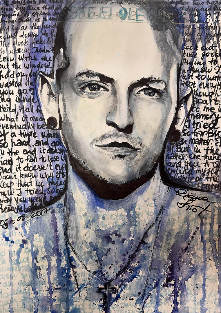 Mixed media portrait of Chester Bennington on paper