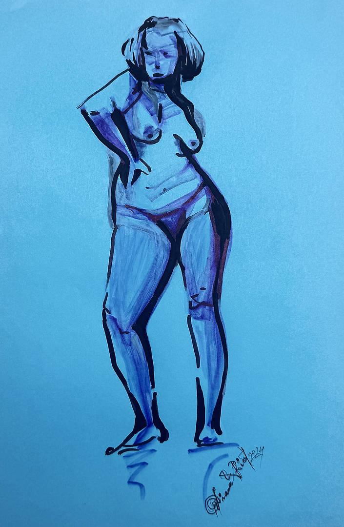 Woman standing confidently with hand on waist in expressive acrylic style on a blue paper