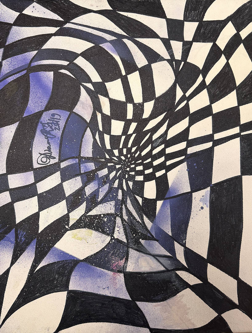 A painting of a black and white checkerboard pattern twisting into a deep tunnel, set against a background of sprayed purple and blue paint on canvas