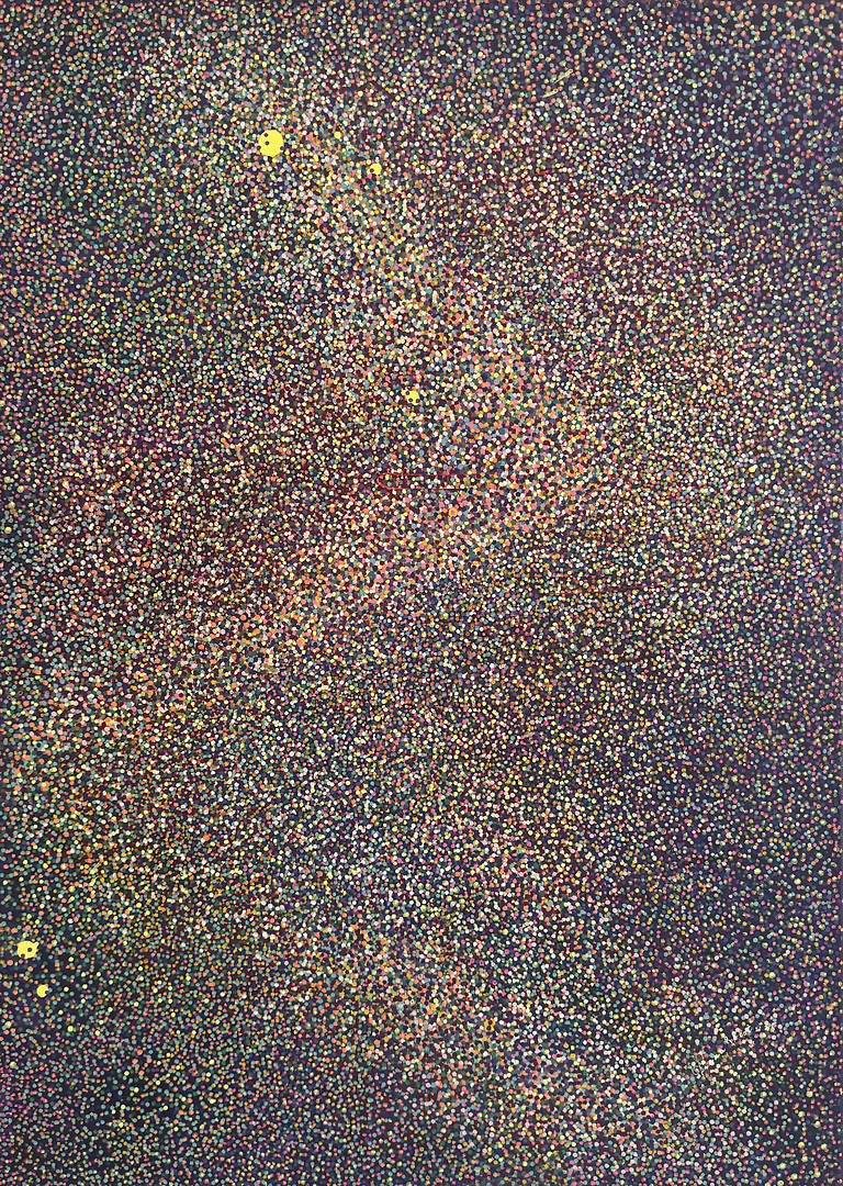 Cosmic Whispers — acrylic markers and paint on canvas pointillist deep space dreamscape