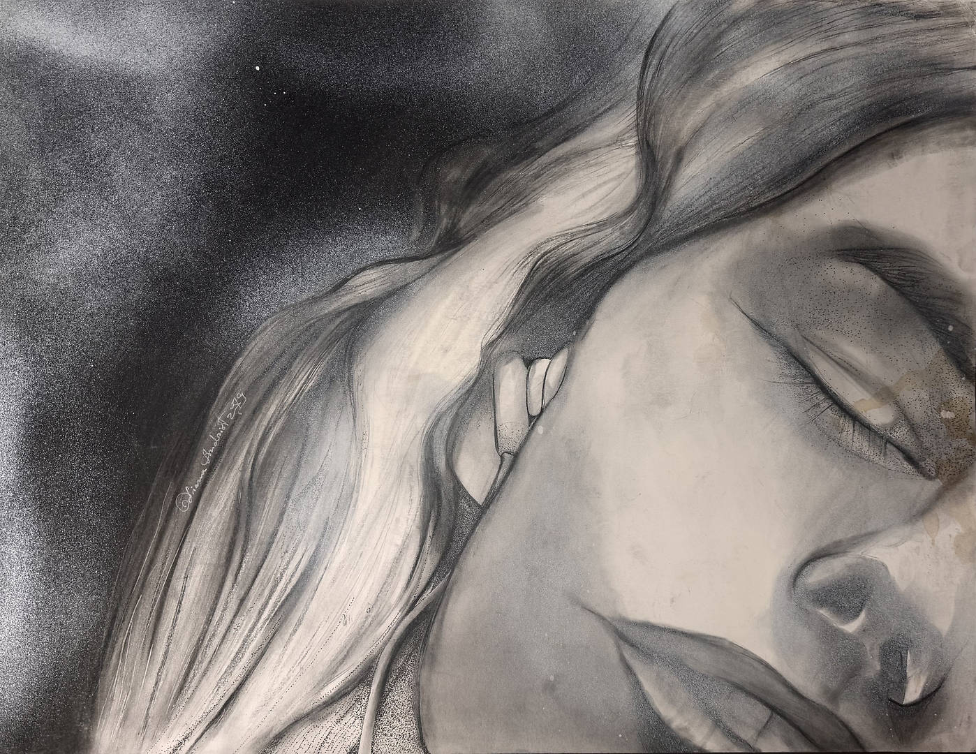 close up charcoal portrait of a woman with headphone focusing on half face and emotional immersion