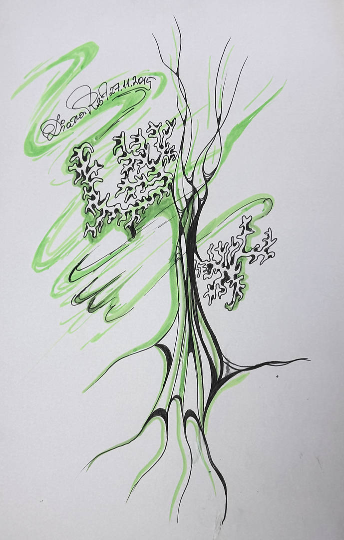 Pen drawing of a tree dissolving and fragmenting into geometric tension (A4)
