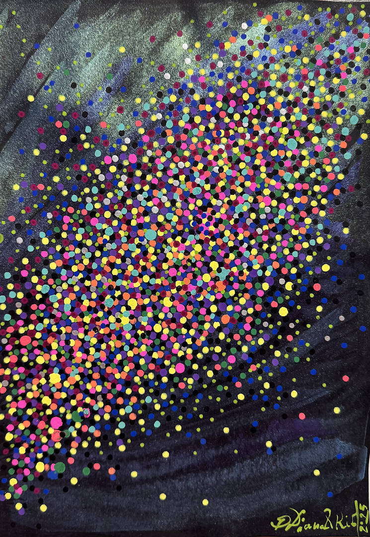 Dream Galaxy — watercolor and acrylic markers on A4 paper with sweeping multi-colored dots on dark ground