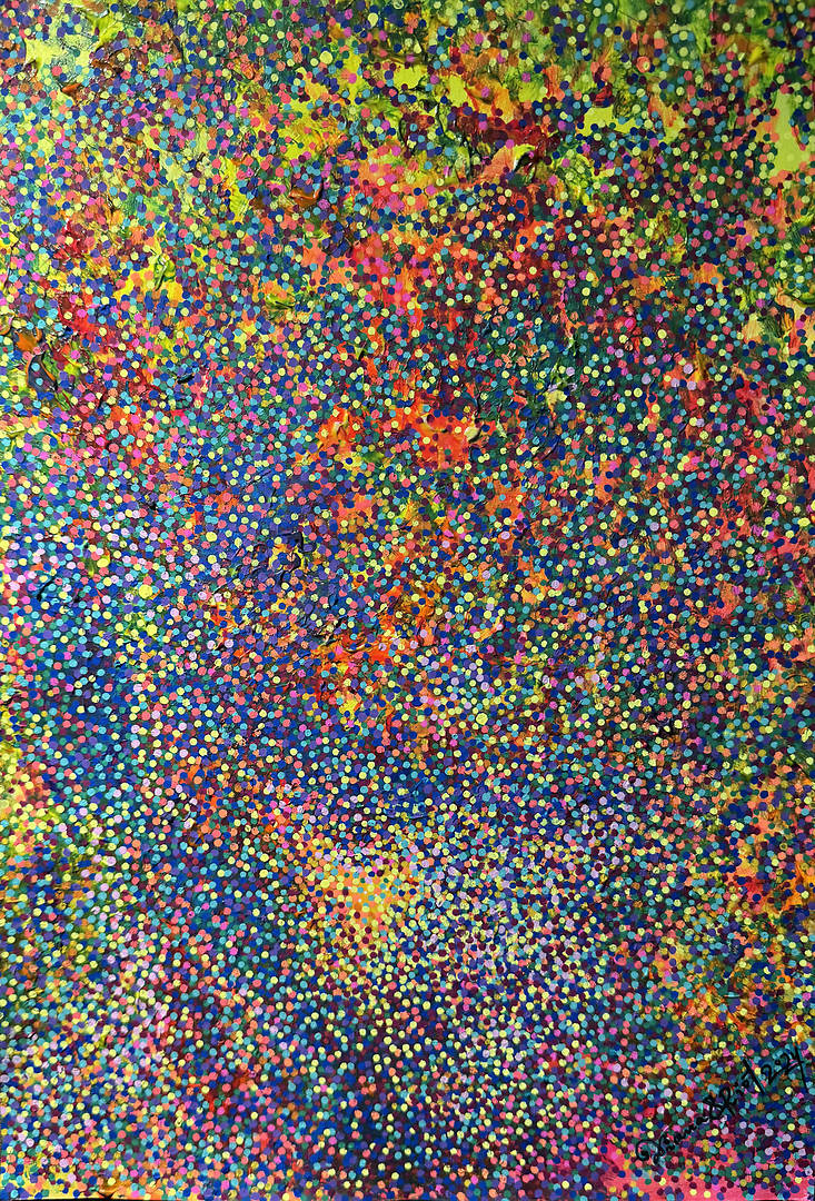 A heavily textured abstract pointillist painting with a dense field of dots in shades of blue, green, pink, and yellow