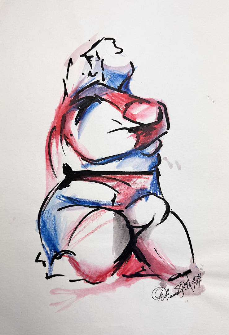 Drawing of a voluptuous woman kneeling and gently holding her chest using bold black lines with red and blue spots of color