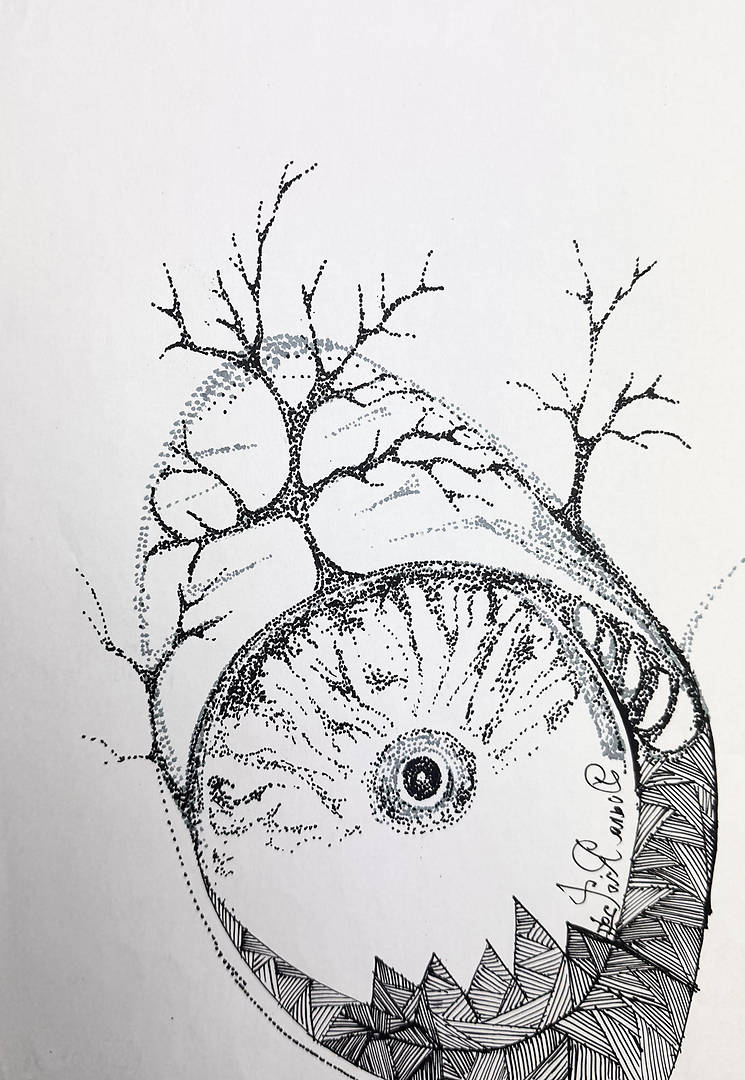 surreal intuitive drawing of eye egg and forest