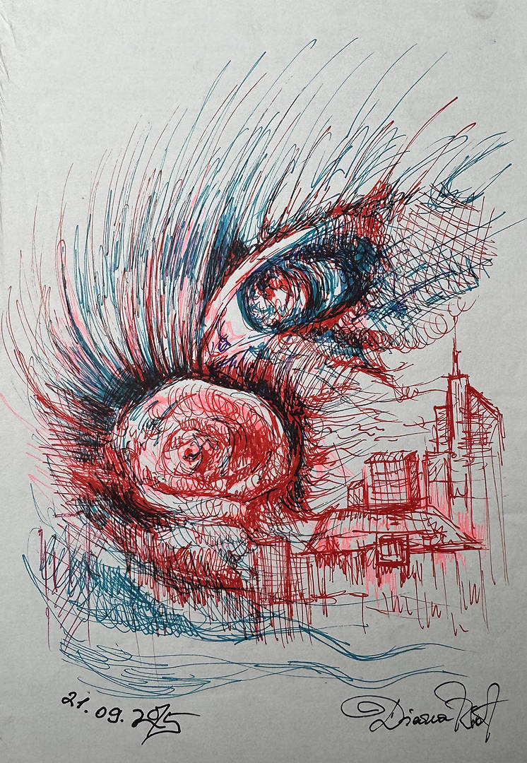 Eyerose — markers and pens on A5 paper surreal eye and rose hybrid drawing
