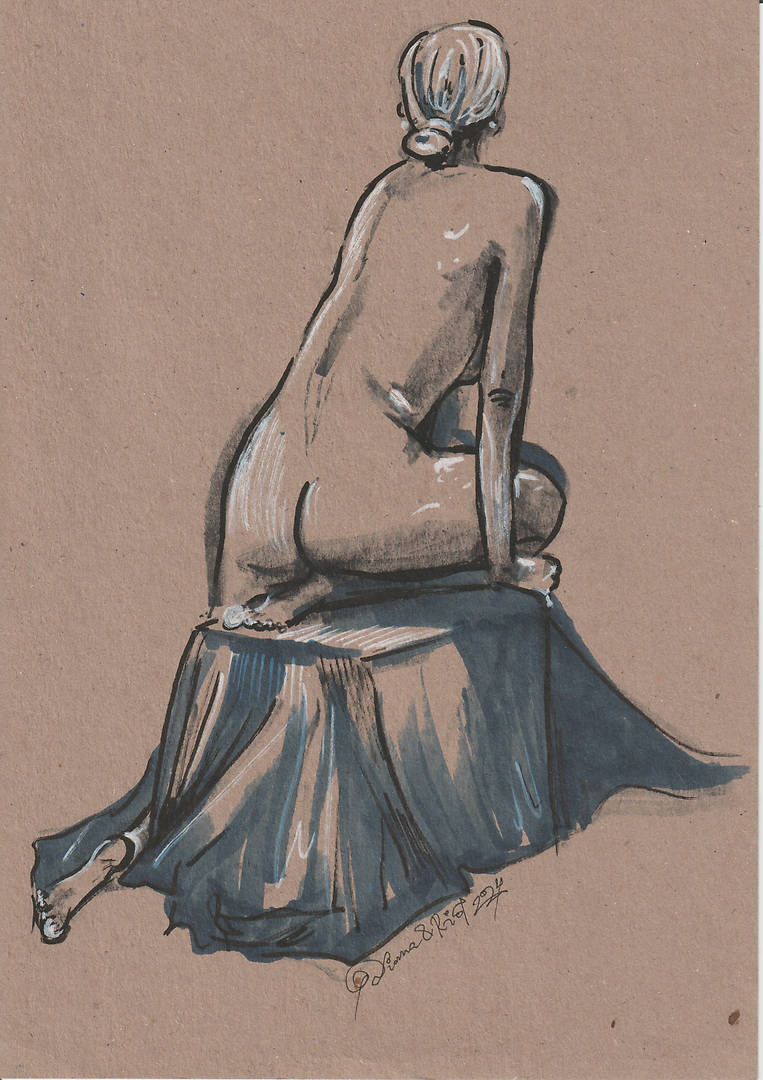 Figure on Draped Cloth — markers on brown paper seated figure with draped fabric
