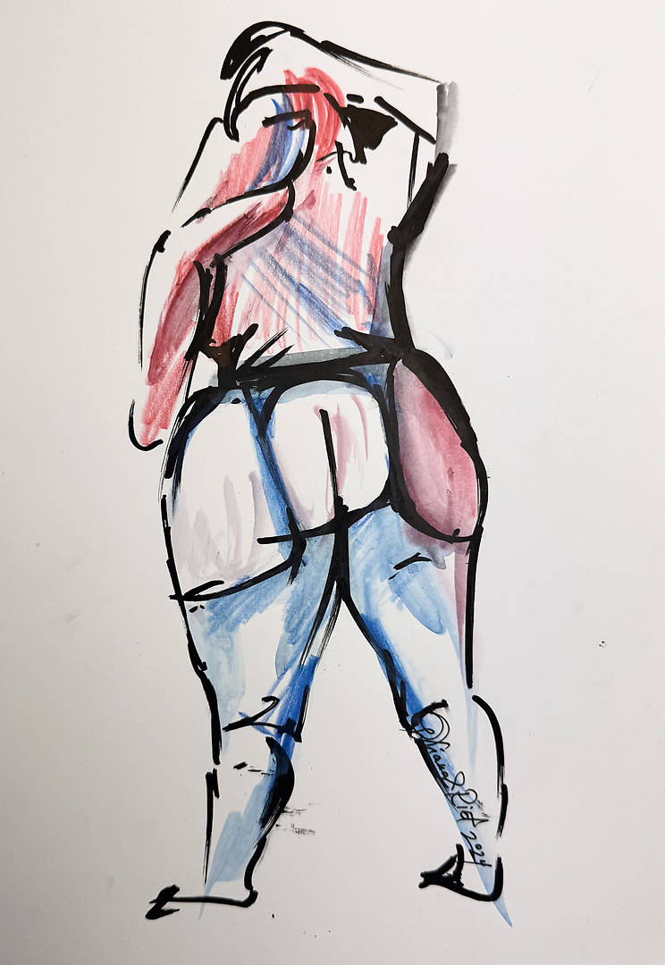 Artwork of a full-figured woman standing from behind, highlighting soft curves and natural form