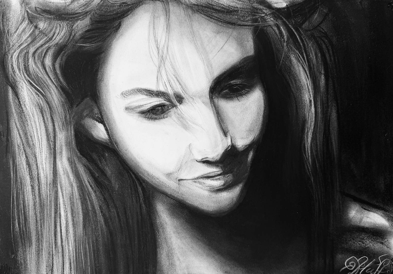 Charcoal portrait of actress Hannah Murray with soft shading and expressive gaze