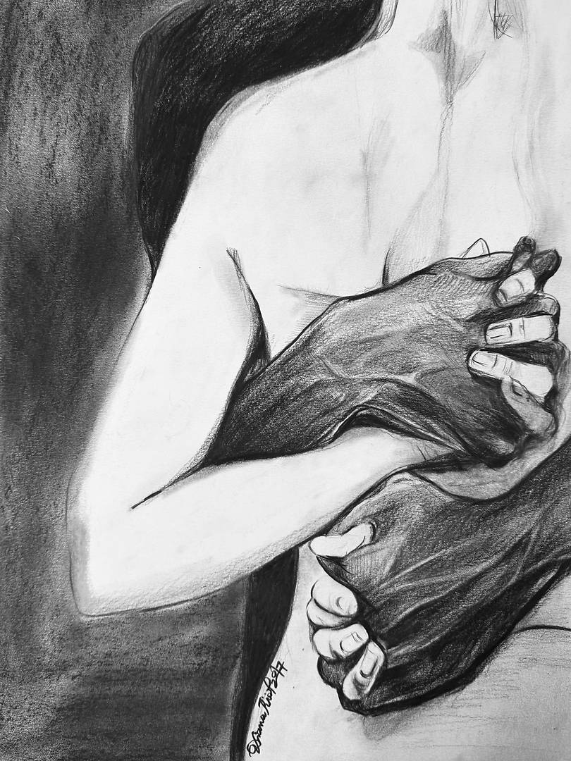 Back view of a nude woman with another figure behind her and their hands intertwined around a cigarette