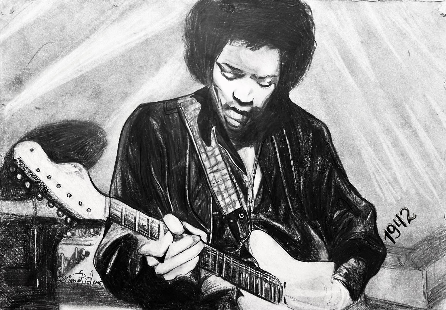 Pencil portrait of Jimi Hendrix on A4 paper