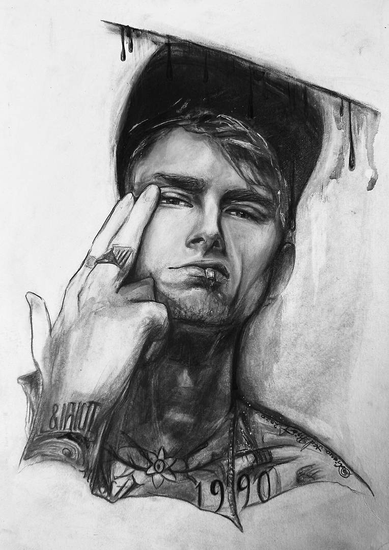 watercolor and pencil portrait of Machine Gun Kelly with hands framing his face