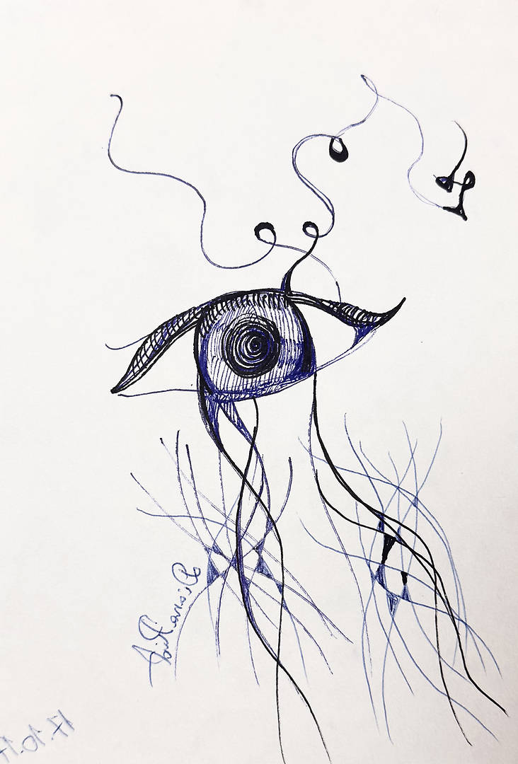 Abstract pen drawing with surreal pathways and symbolic shapes