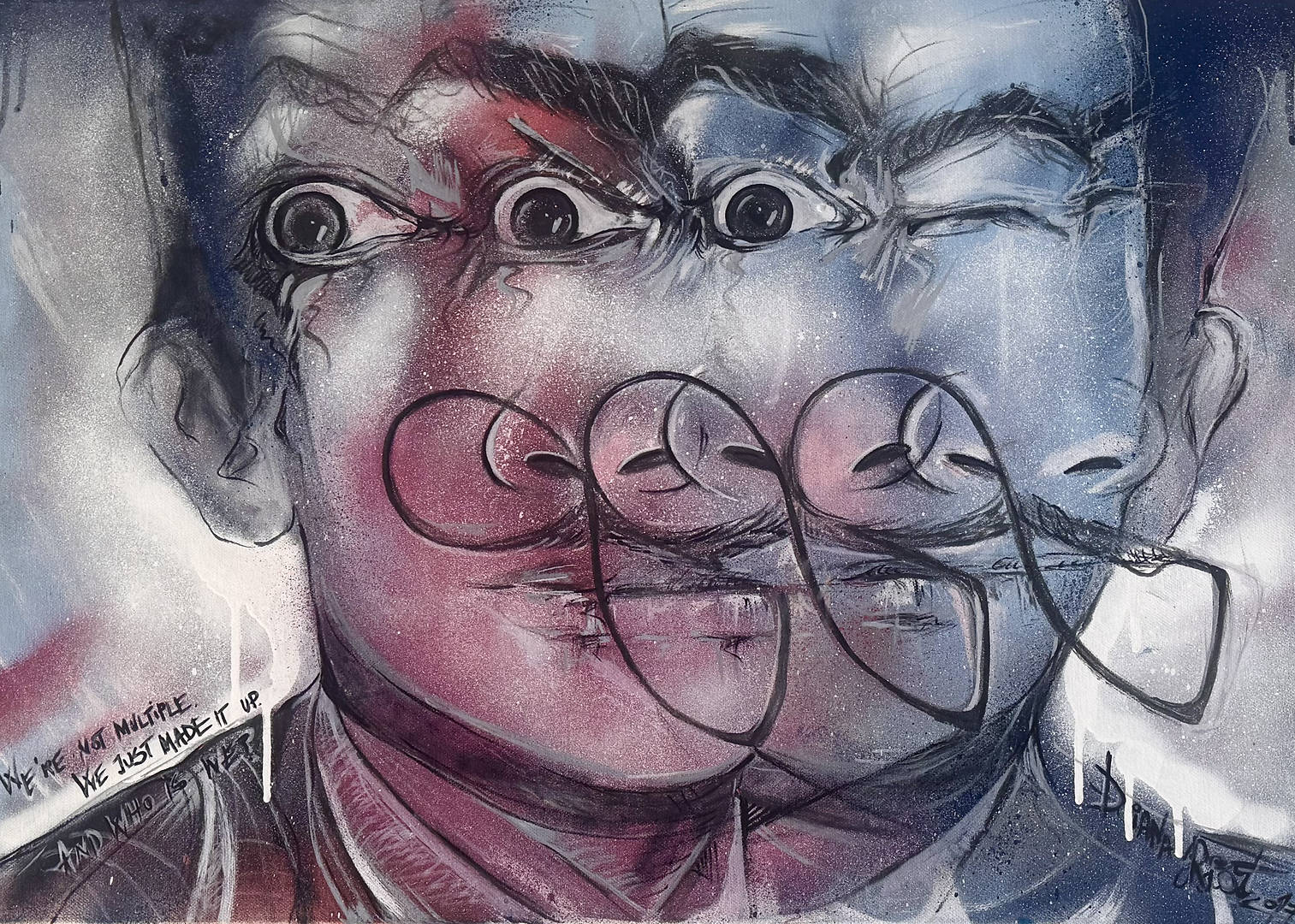 fragmented surreal portrait inspired by Salvador Dali with multiple overlapping faces and expressive colors