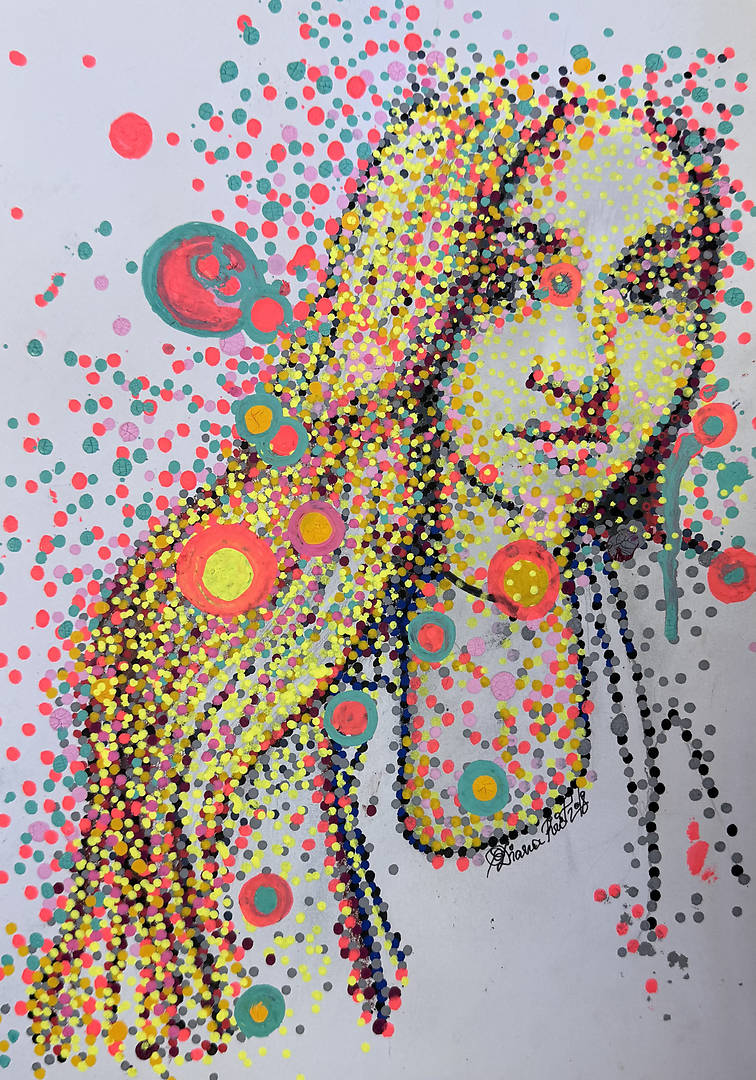 A pointillist self-portrait using markers on paper, depicting a figure emerging from dots and color fields