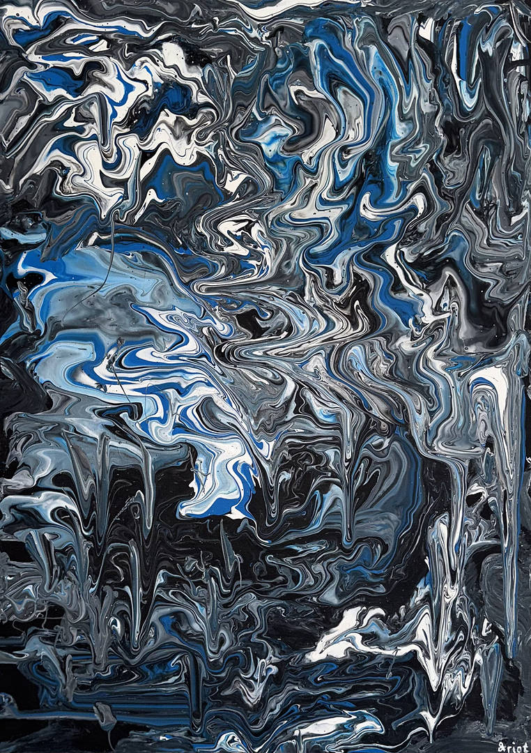 A large abstract acrylic pour painting with complex swirls and cells of blue, black, and white paint creating a marbled, liquid effect