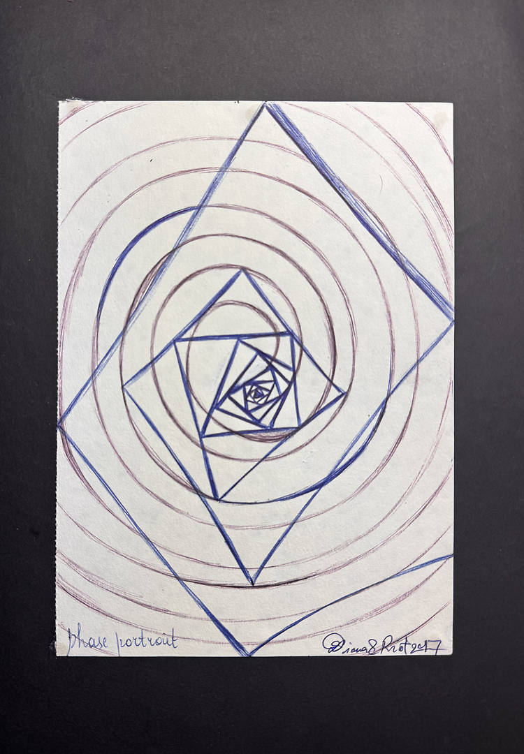 A geometric line drawing with blue rotating squares spiraling inward, overlaid with freehand purple circular lines on off white paper