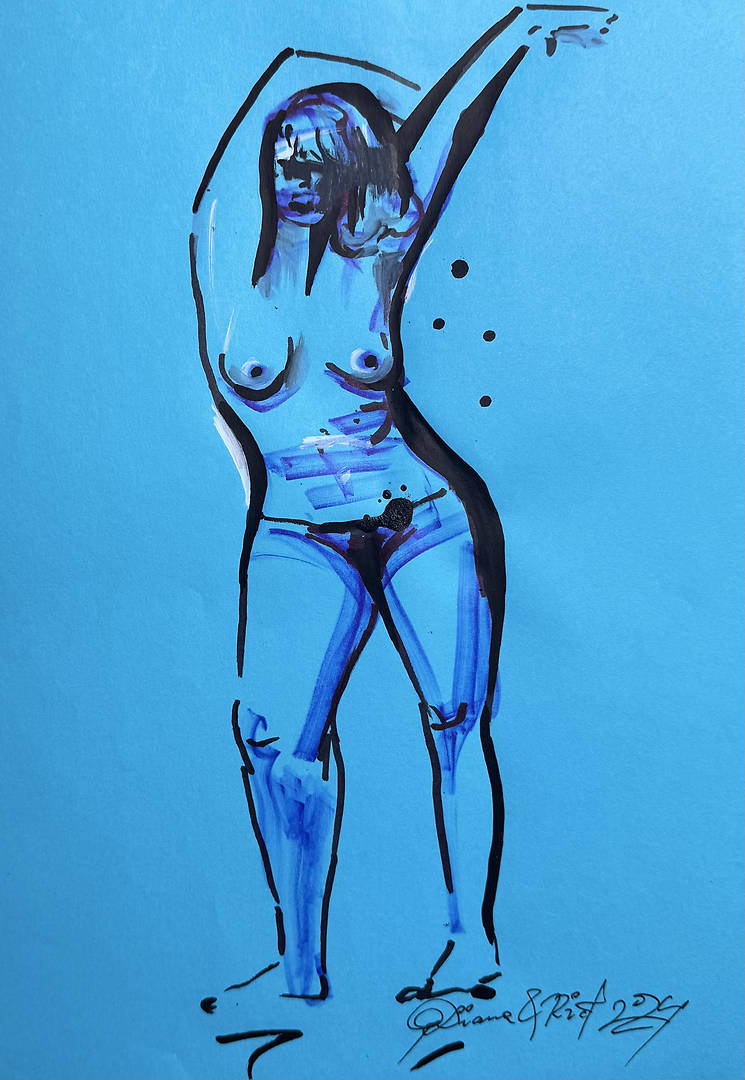 Woman with arms raised above head surrounded by expressive acrylic lines