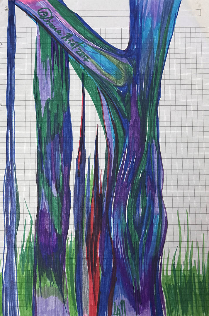 Abstract colorful forest with rain-like textures drawn with markers