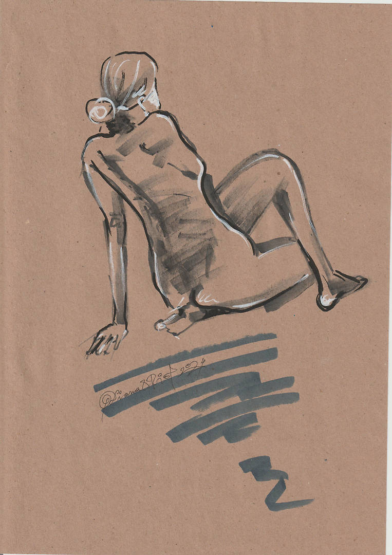 Reclining Figure with Turned Back — markers on brown paper life drawing
