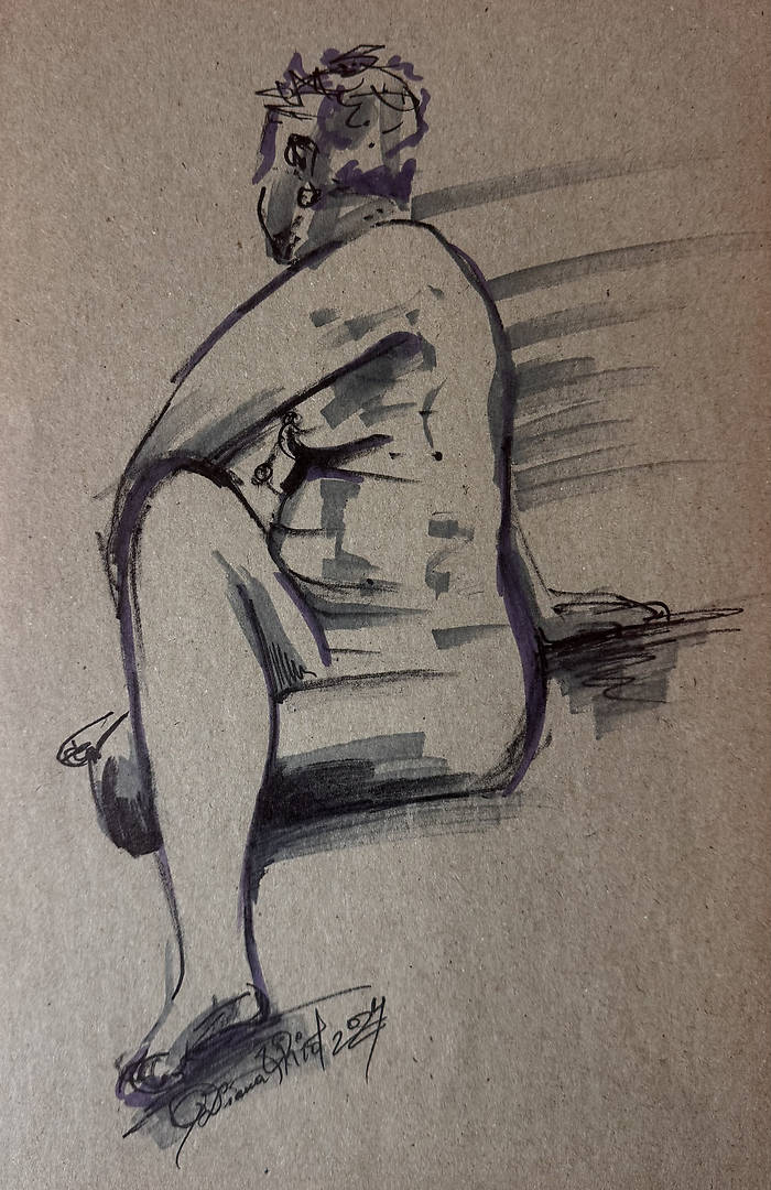 Marker sketch of a standing female model in a calm pose