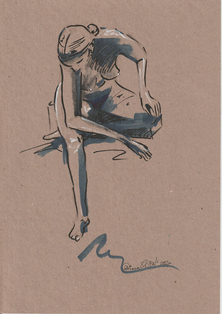 Seated Figure with Bent Arm — markers on brown paper life drawing sketch