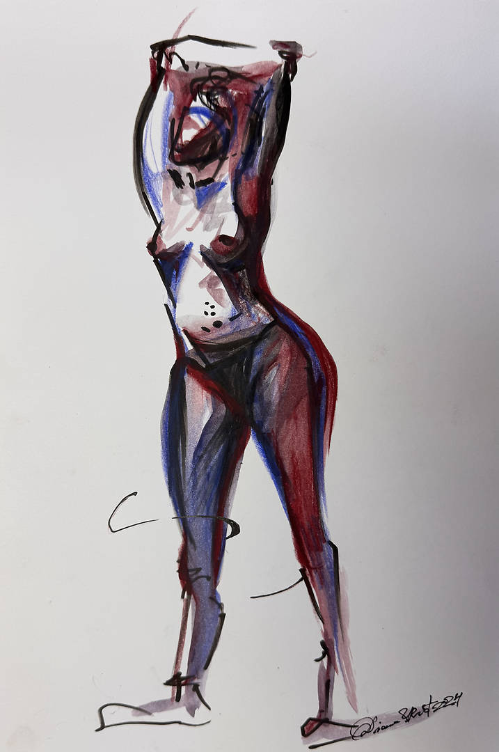 Silent Posture — watercolor pencils and markers on A4 paper female figure