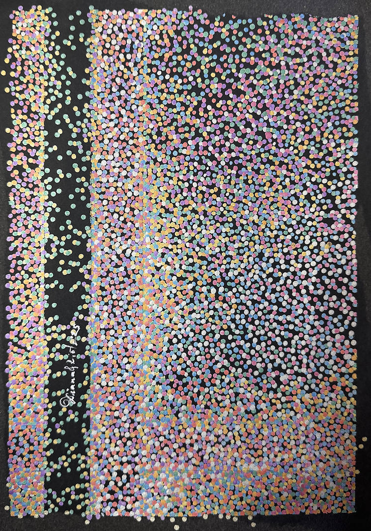 An abstract pointillist artwork on black paper with vertical streams of pastel-colored dots cascading downwards