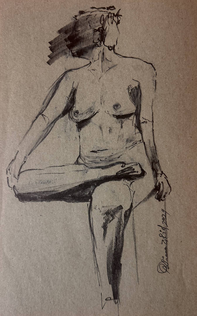 Standing nude figure drawn with markers in an upright pose