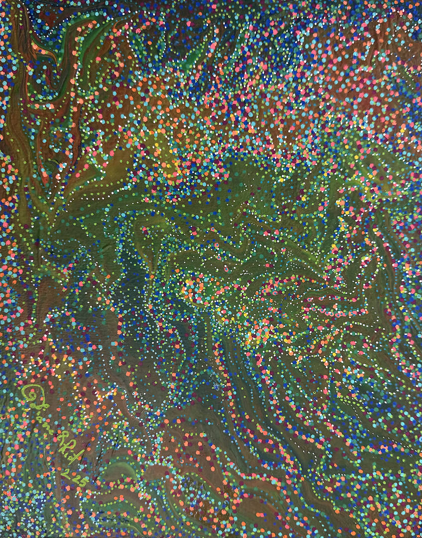 Subconscious Currents — acrylic markers and paint on A4 canvas with swirling organic currents and colorful dots
