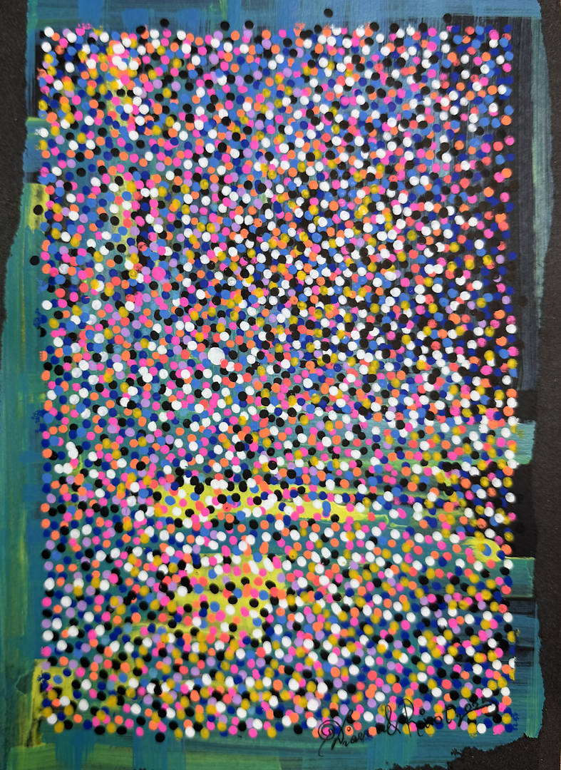 An abstract pointillist painting with a dense field of multi-colored dots framed by dark blue and green brushstrokes
