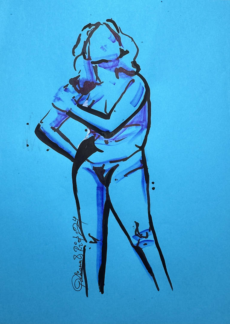 Woman bending forward with hand on shoulder and hip drawn in acrylic markers