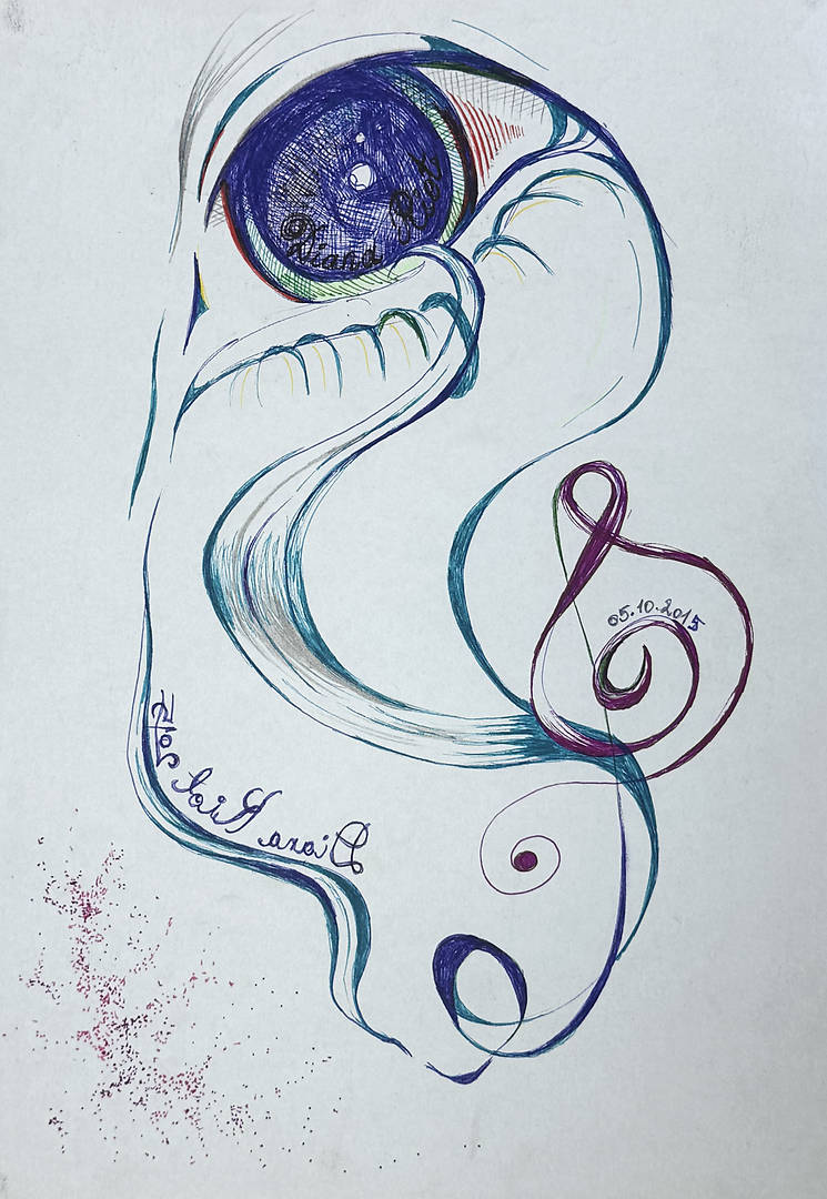 Abstract surreal face drawn in black pen with expressive lines