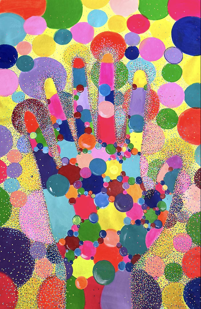 Surreal painting of a hand with six fingers in bright colors and blurred dreamlike forms