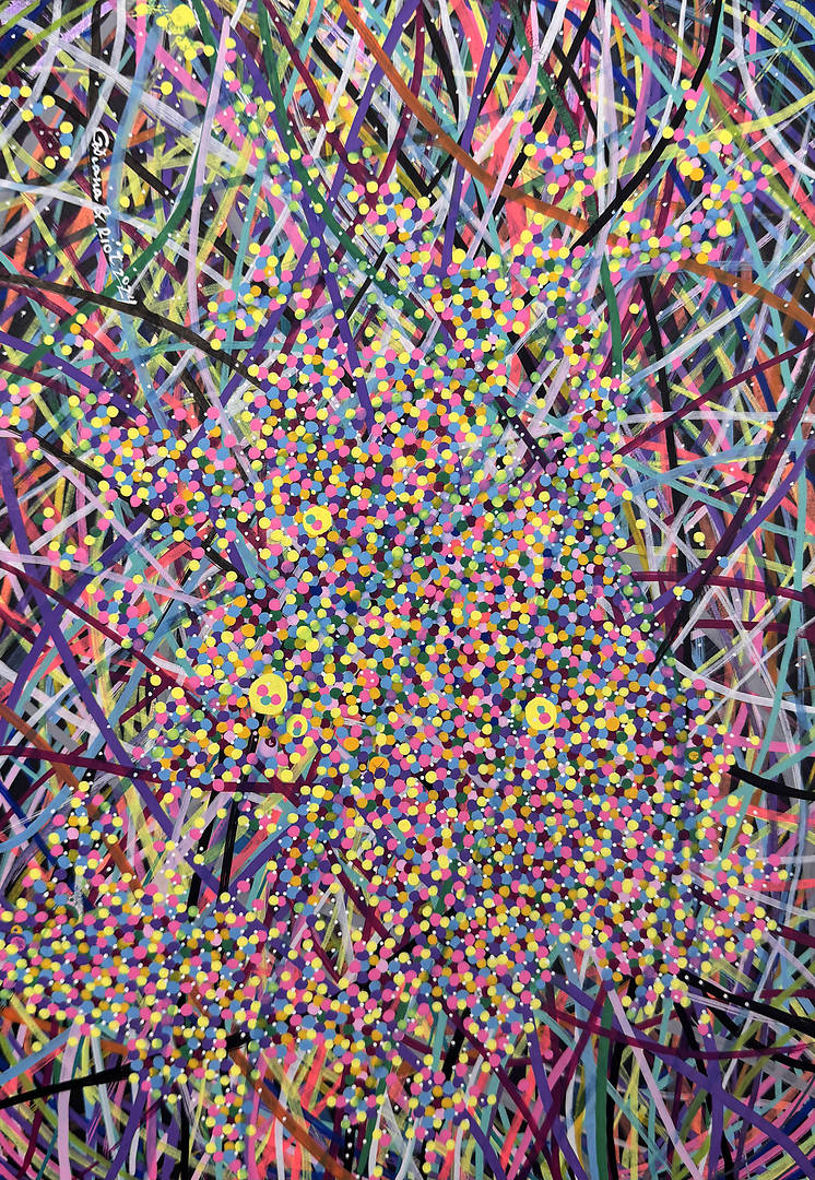 Thought Strands — acrylic markers on paper with intersecting color lines and vibrant dots
