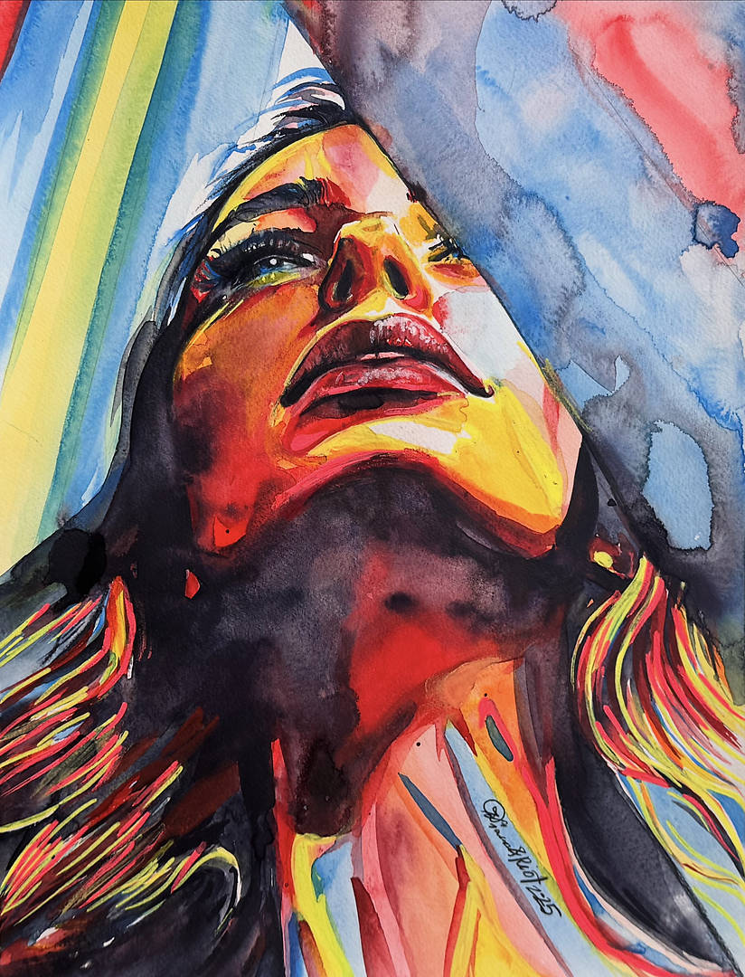 Surreal watercolor portrait of a woman looking upward with vivid red, yellow, and blue tones