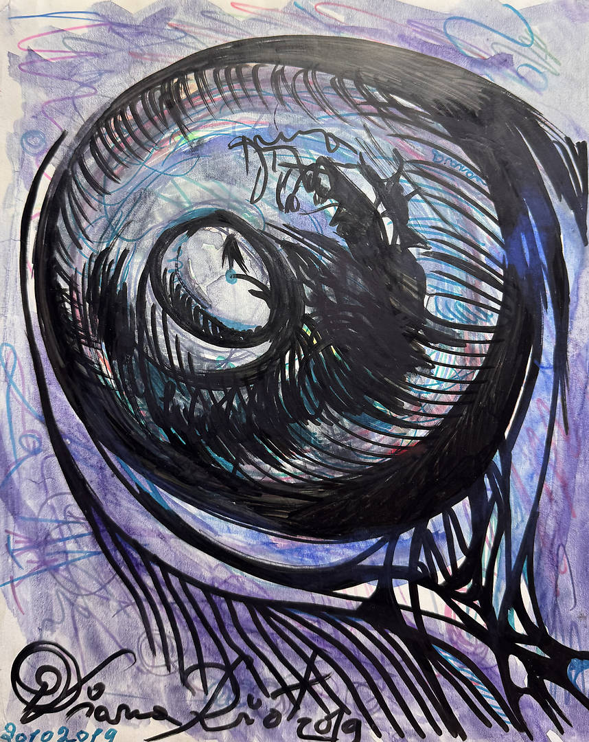 Mixed-media surreal eye with layered reflections in watercolor, pens and markers (A4)
