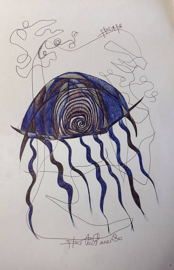 Tunnel Jellyfish — pen drawing 21.0 × 29.7 cm surreal marine tunnel ink artwork