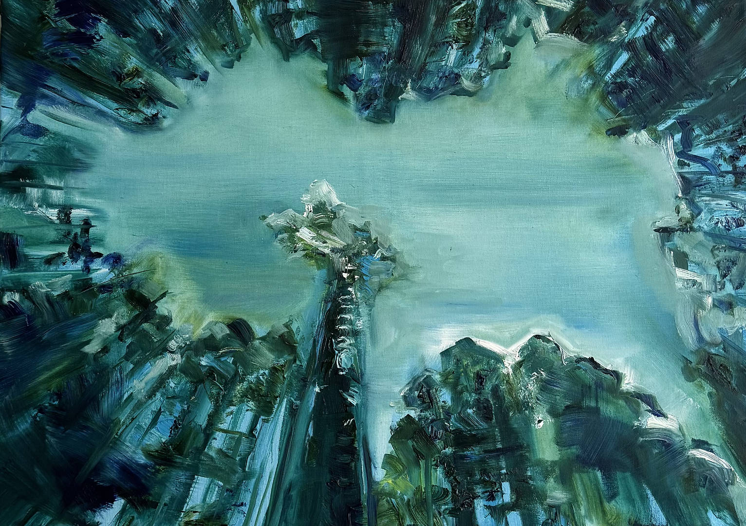 oil painting of an abstract forest view in green and brown tones