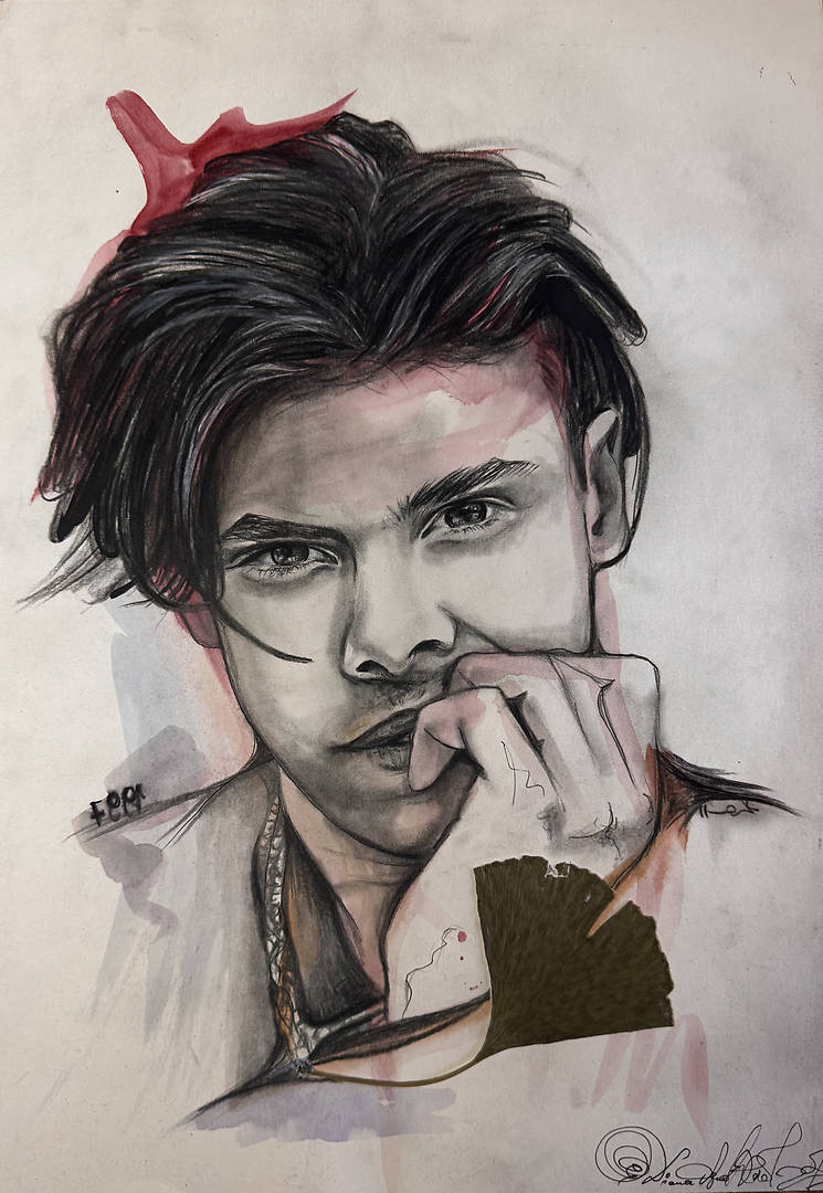 mixed-media portrait inspired by Yungblud with real ginkgo leaf and red-blue background