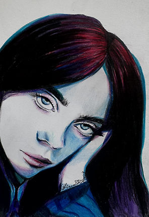 close up portrait of Billie Eilish with soft blue and lilac tones and detailed eyes