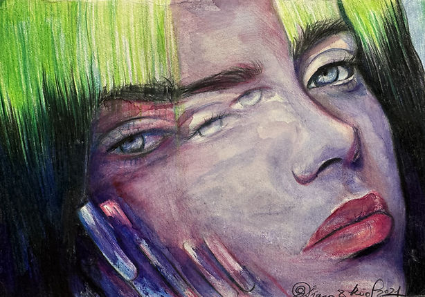 Watercolor and pencil portrait of Billie Eilish on A5 paper