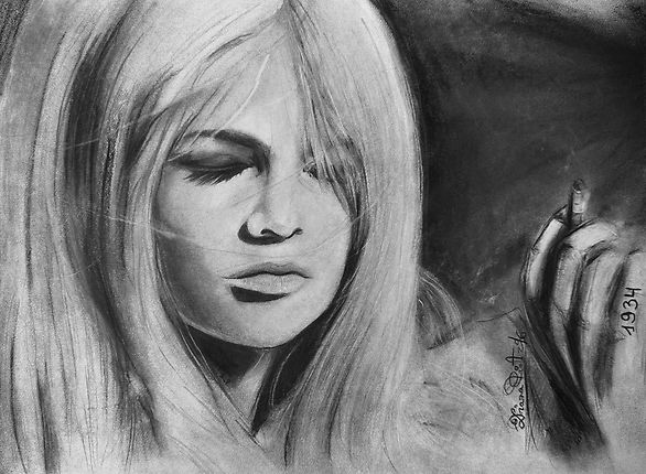 Charcoal portrait of Brigitte Bardot on paper