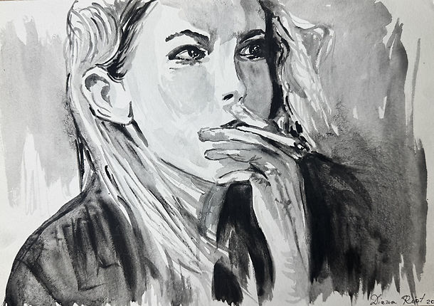 watercolor portrait of Cassie from Skins smoking with wind blowing her hair and thoughtful expression